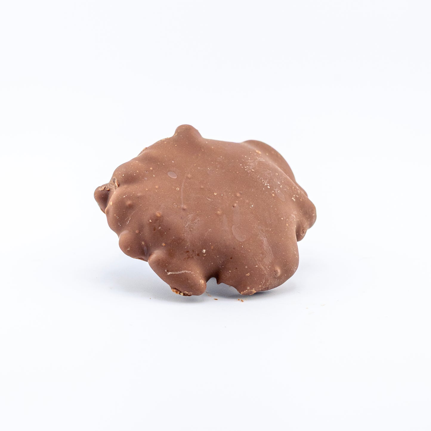 Chocolate-covered pecan turtle on a white background