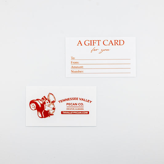 Gift card with red text and logo on a white background