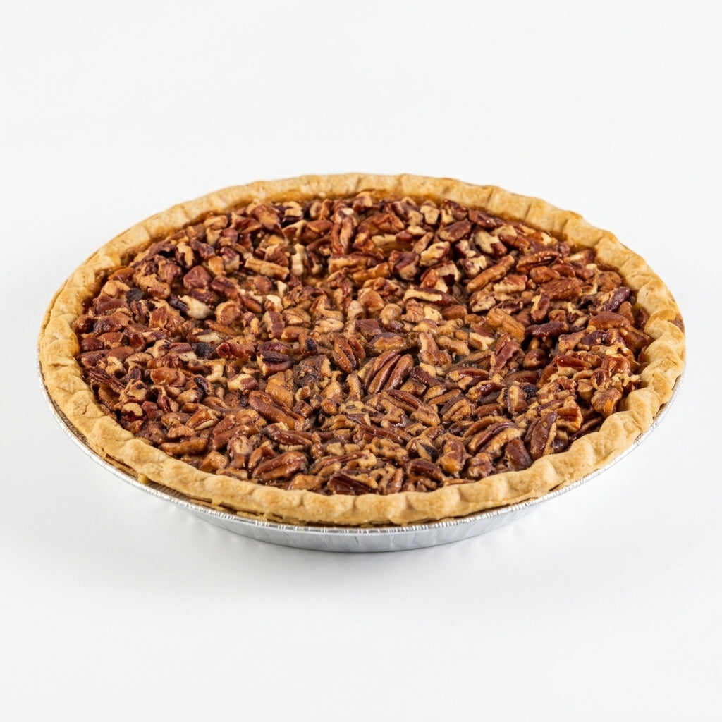 A whole pecan pie in a silver foil pie tin, photographed from a top-down angle on a clean white background.