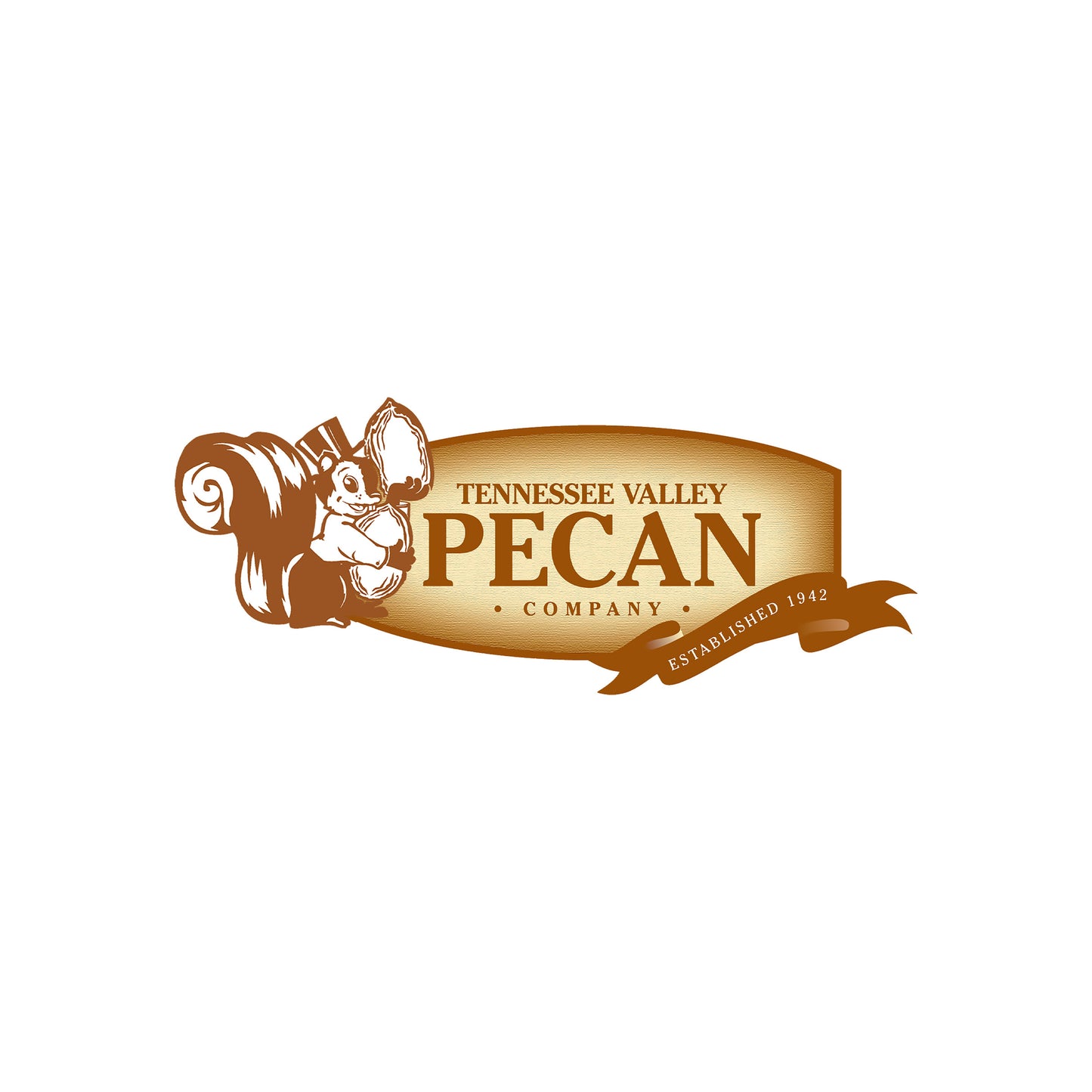 Logo of Tennessee Valley Pecan Company with a pecan shell and squirrel design on a white background.