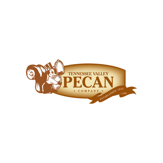 Logo of Tennessee Valley Pecan Company with a pecan shell and squirrel design on a white background.