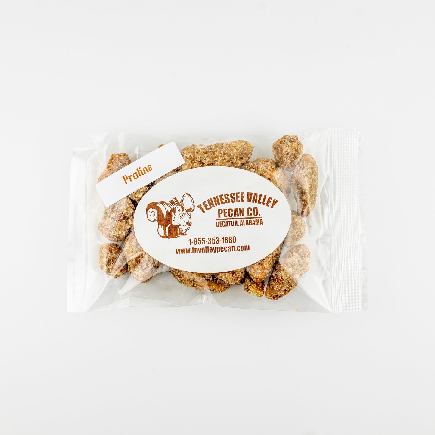 Packaged snack pack of Praline pecans with Tennessee Valley Pecan Co. label on a white background