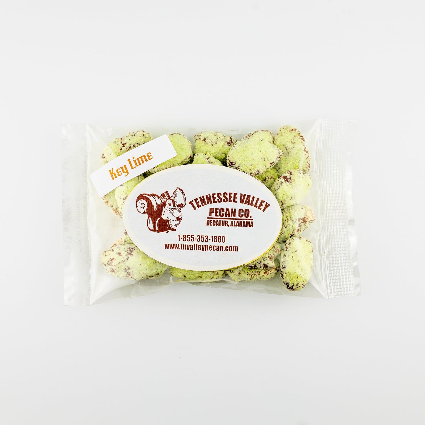 Packaged key lime pecans with Tennessee Valley Pecan Co. label on a white background
