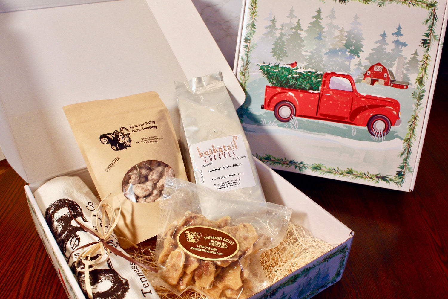 tree farm truck box filled with candy coffee and nuts