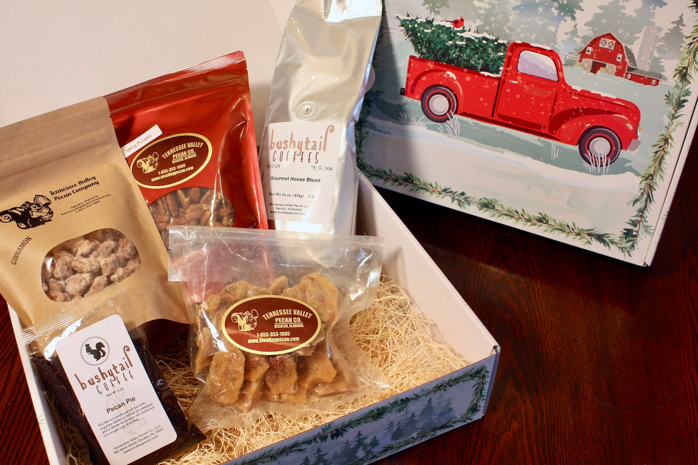 Tree Farm holiday truck gift box filled with candied pecans and coffee
