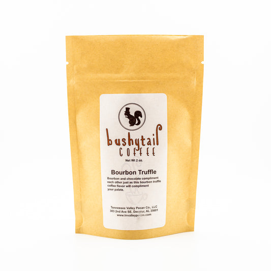 2 oz Yellow package of bushytail coffee with a white label on a white background