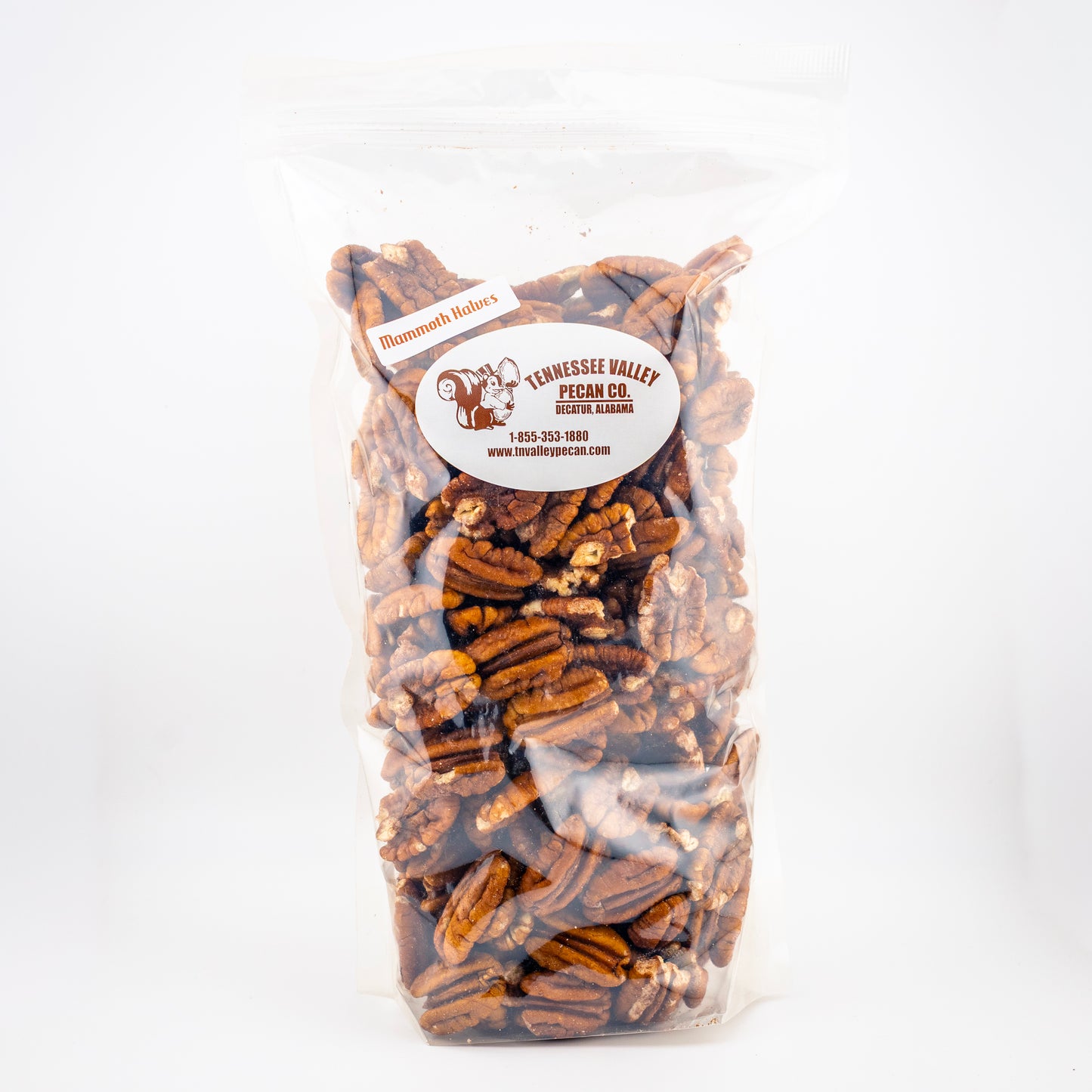 Bag of Tennessee Valley Pecan Co Mammoth Halve pecans on a white background