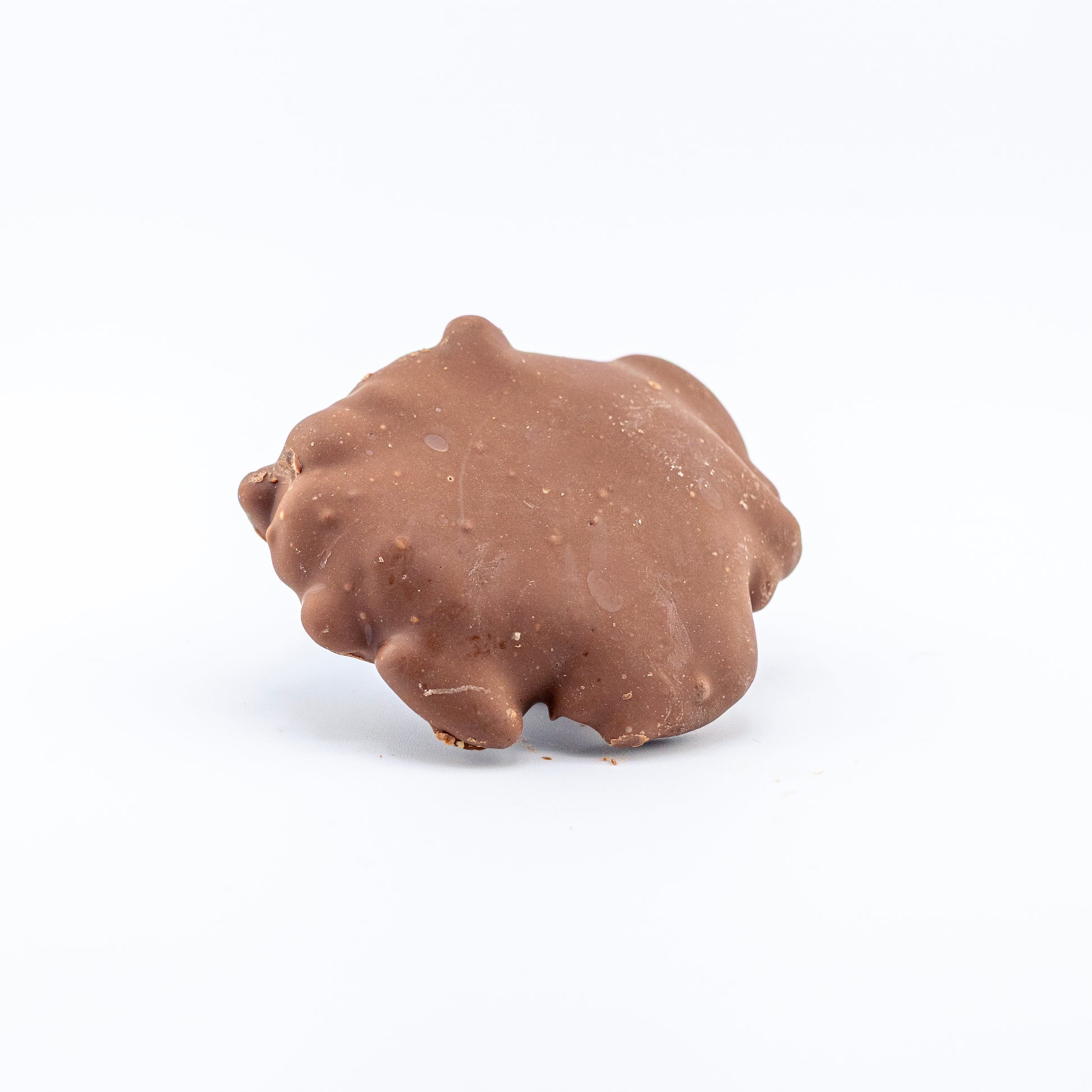 Chocolate-covered pecan turtle on a white background
