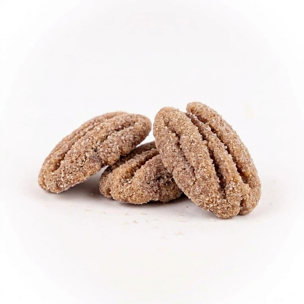 Three cinnamon-coated pecan halves arranged on a plain white background.
