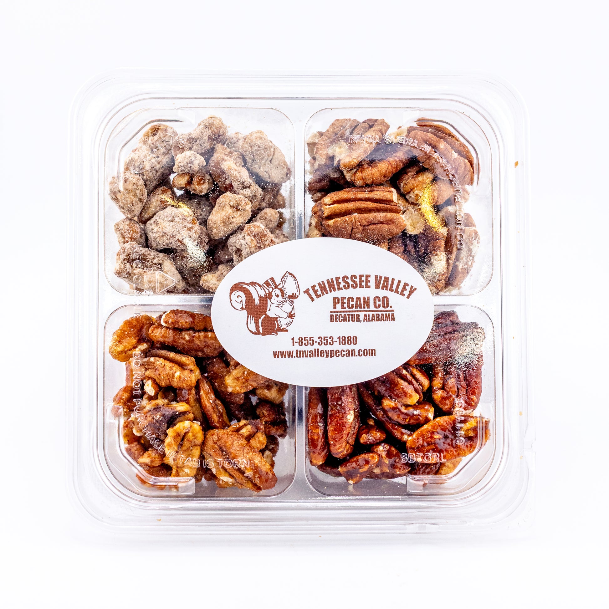 Tennessee Valley Pecan Co. packaging with assorted pecans on a white background