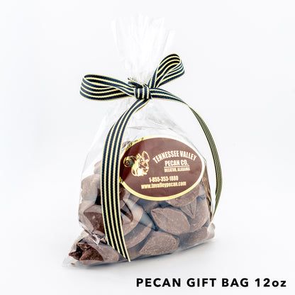 Pecan gift bag with a ribbon and Tennessee Valley Pecan Co. label on a white background