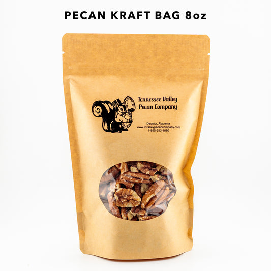 Kraft bag with pecans and Tennessee Valley Pecan Company branding on a white background