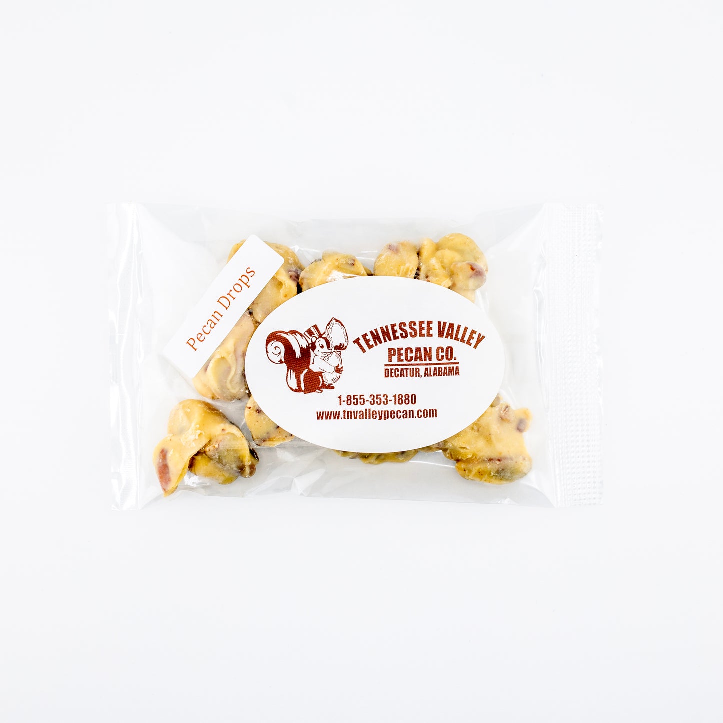 Tennessee Valley Pecan Co. package of Pecan Drops on a white background