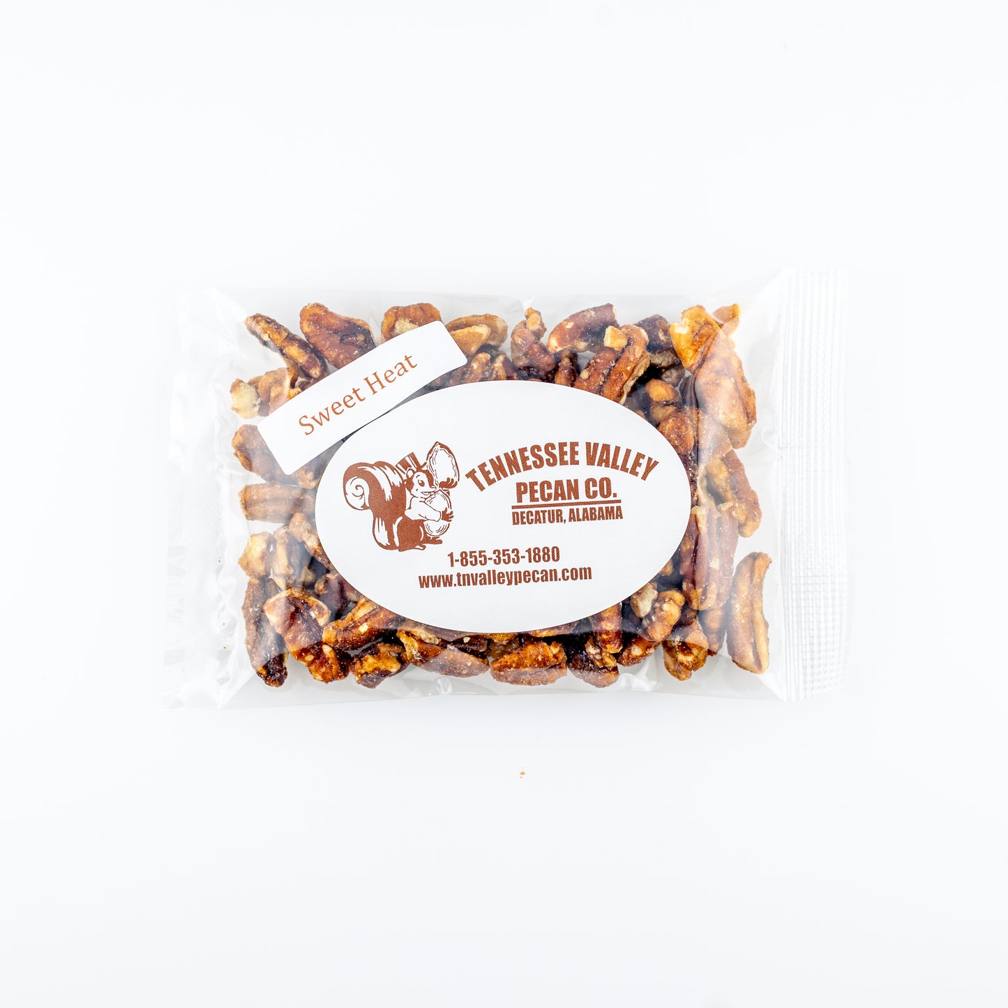 Packaged sweet heat pecans with Tennessee Valley Pecan Co. label on a white background