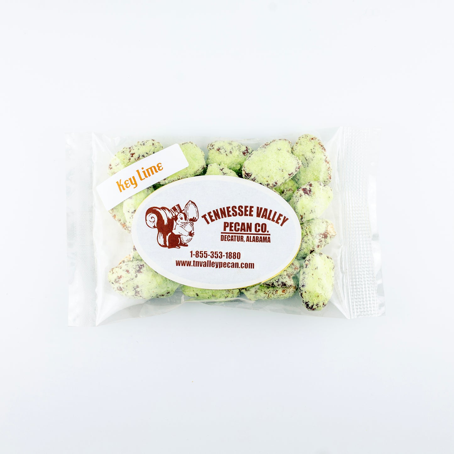 Packaged key lime pecans with Tennessee Valley Pecan Co. label on a white background
