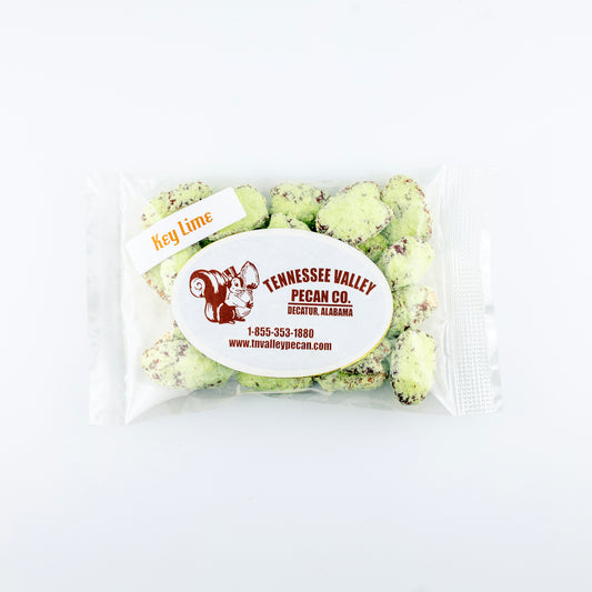 Packaged key lime pecans with Tennessee Valley Pecan Co. label on a white background