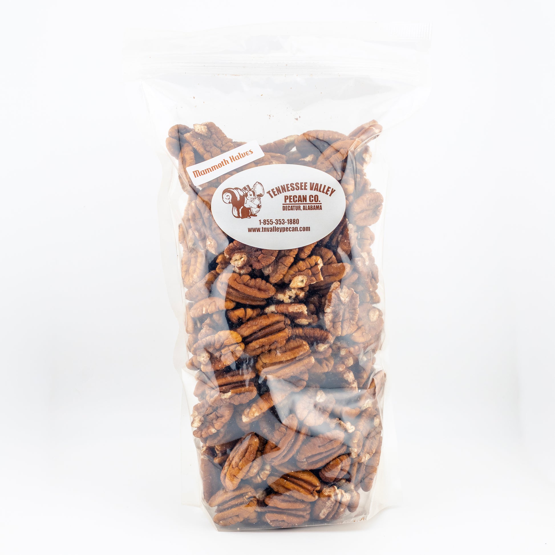 Bag of Tennessee Valley Mammoth Pecan Halves on a white background