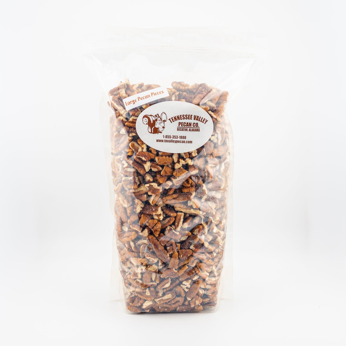 Bag of Tennessee Valley Pecan Pieces on a white background