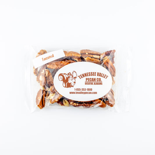Packaged toasted pecans with Tennessee Valley Pecan Co. label on a white background