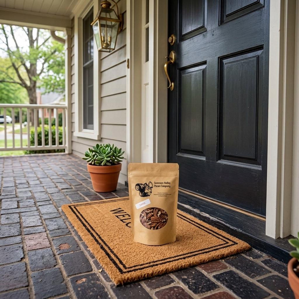 A stand-up kraft paper pouch of 'Gourmet Miso & Seasoning' by 'The Artisanal Market' sits on a tan coir doormat on a brick porch in front of a black door.
