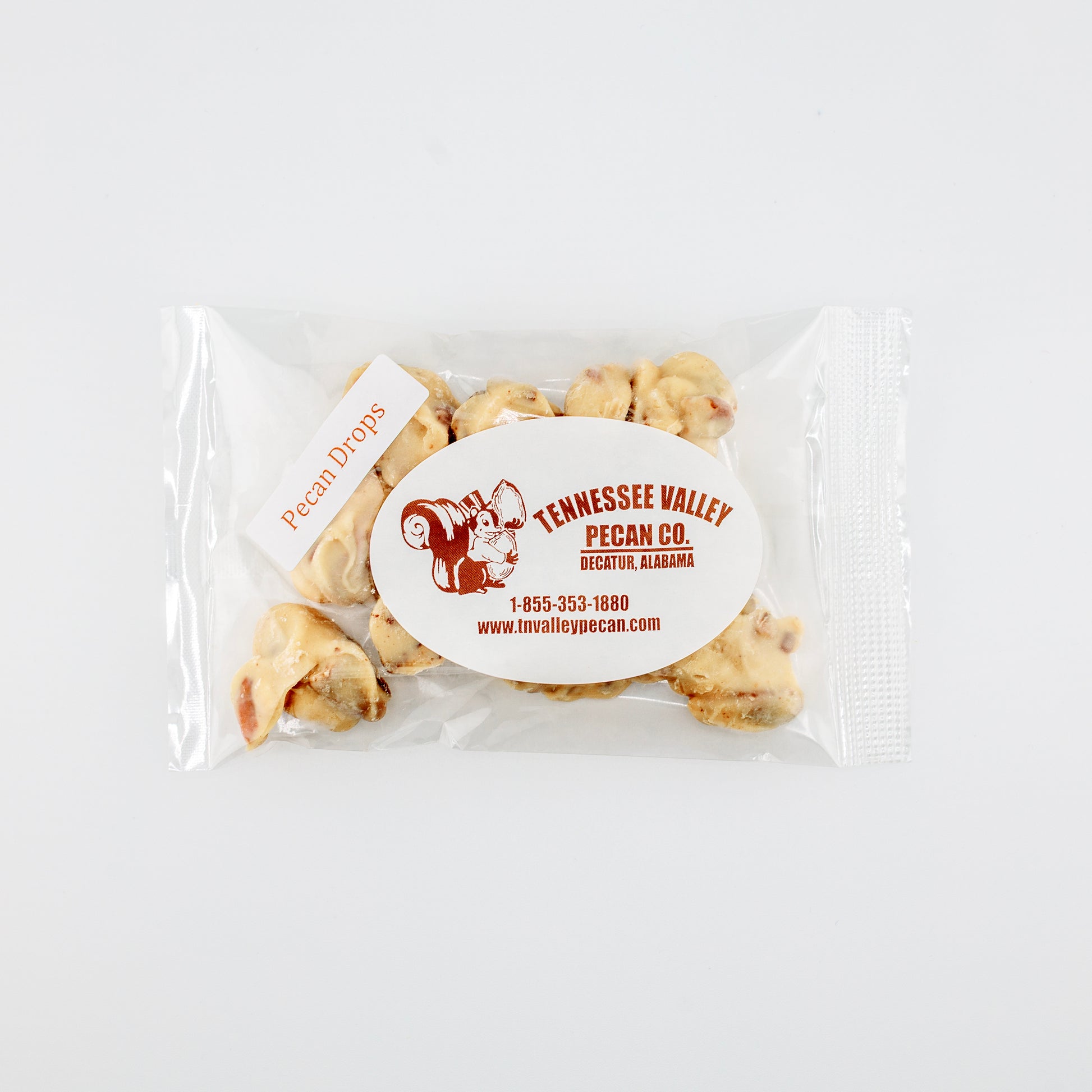 Packaged Pecan Drops with Tennessee Valley Pecan Co. label on a white background