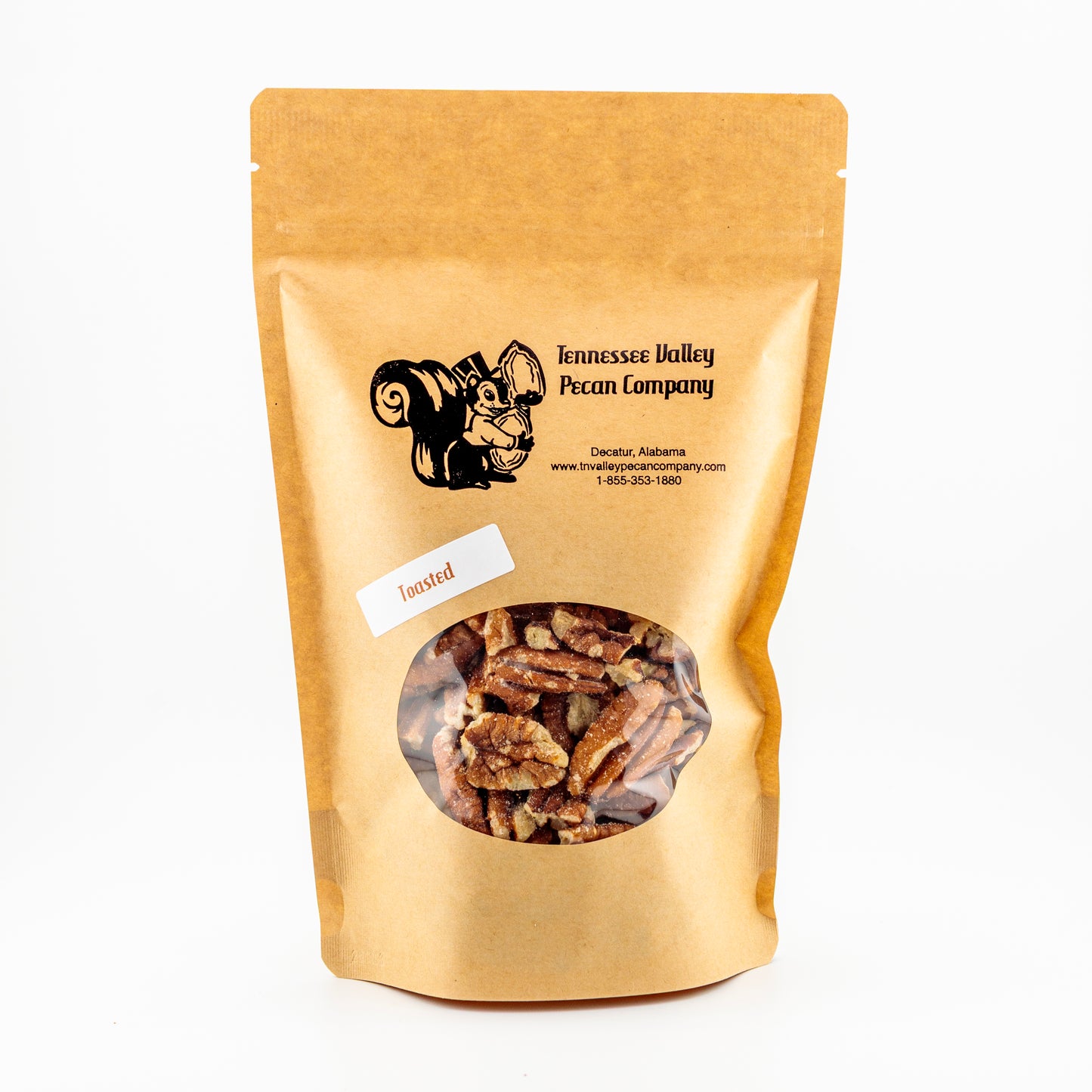 Kraft paper bag with a window displaying pecans and 'Tennessee Valley Pecan Company' branding on a white background.