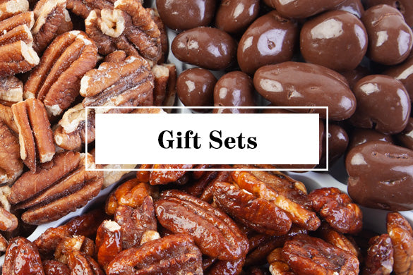 Toasted and candied pecans with text "Gift Sets"