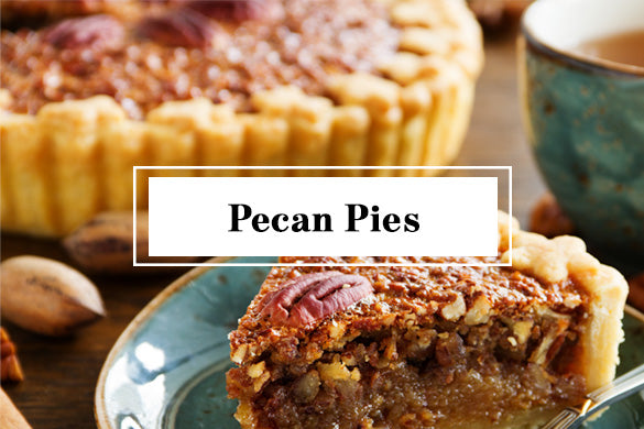 Pecan pie slice on plate with text "Pecan Pies"
