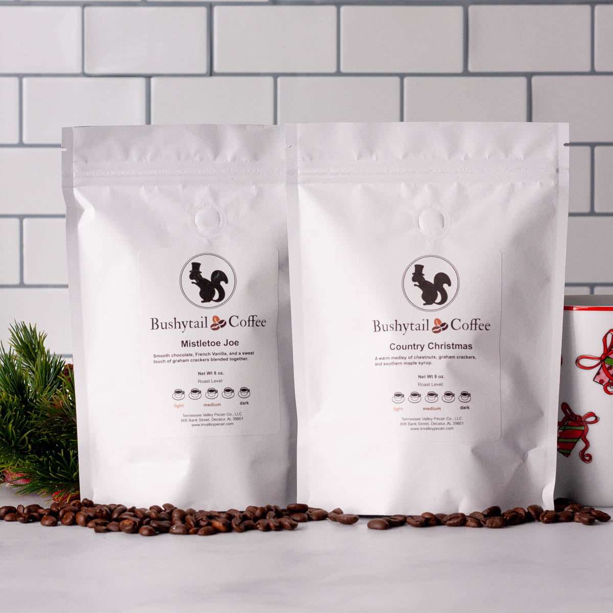 country christmas coffee bags on counter with beans