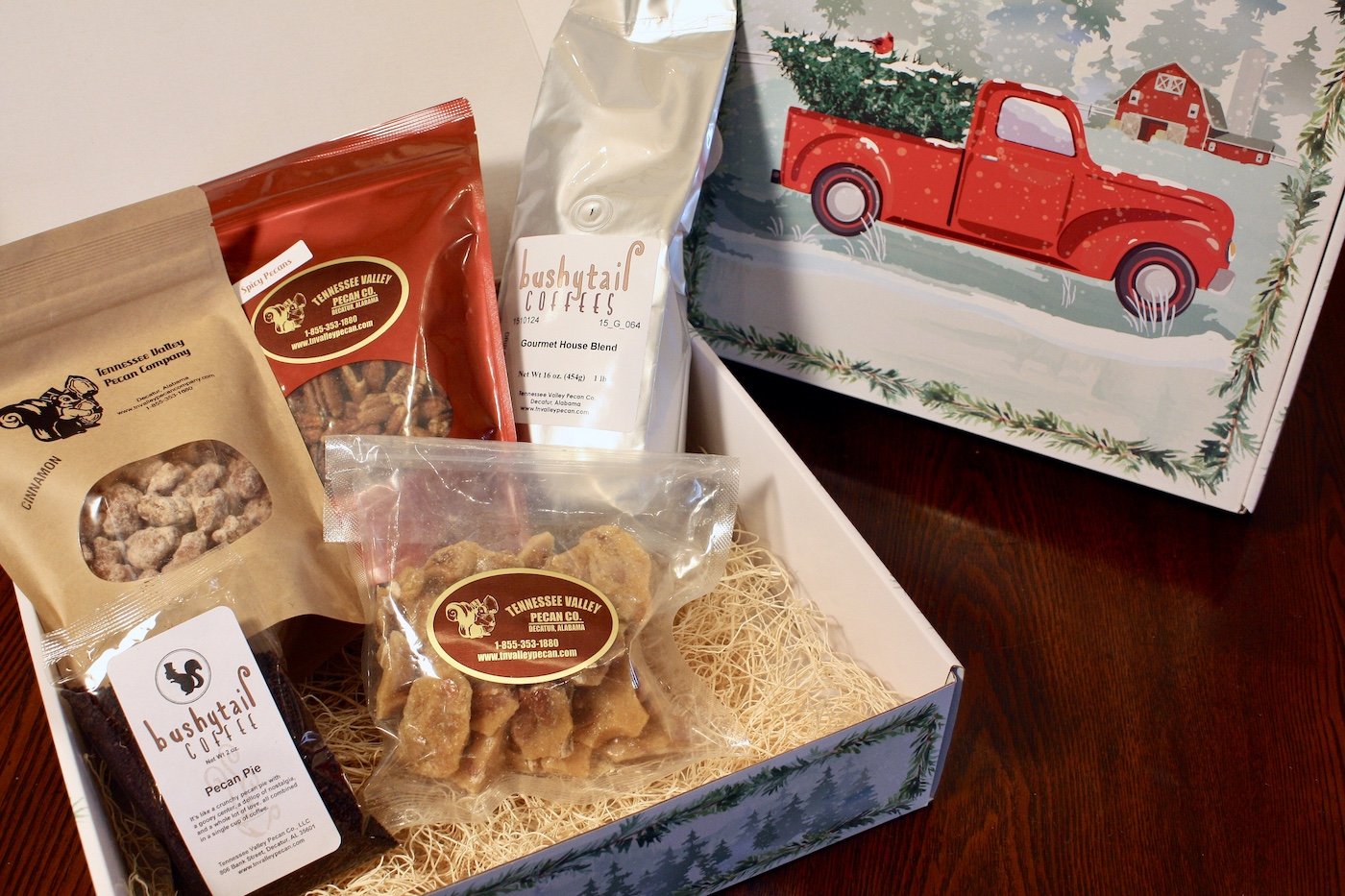 Tree farm holiday truck box filled with candied pecans and coffee