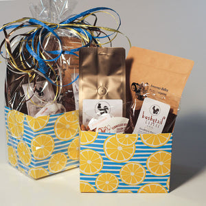 Image of lemon gift basket box with gourmet pecans and coffee | Tennessee Valley Pecan Company